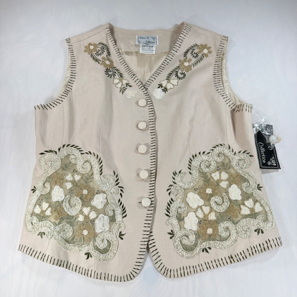 NWT Helene D Collection Vintage Embroidered Linen Vest Size 18 Boho Cottagecore